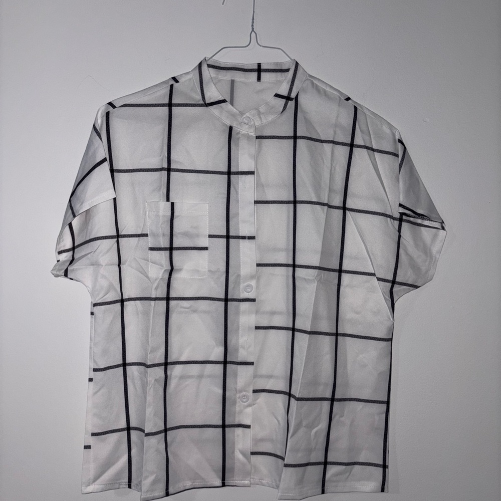 Casual White and Black Grid Button Down Shirt